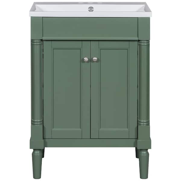 Cesicia 24 in. W x 18 in D. x 34 in. H Freestanding Bathroom Vanity in Green with 2-Tier Storage Cabinet and Ceramic Sink Top