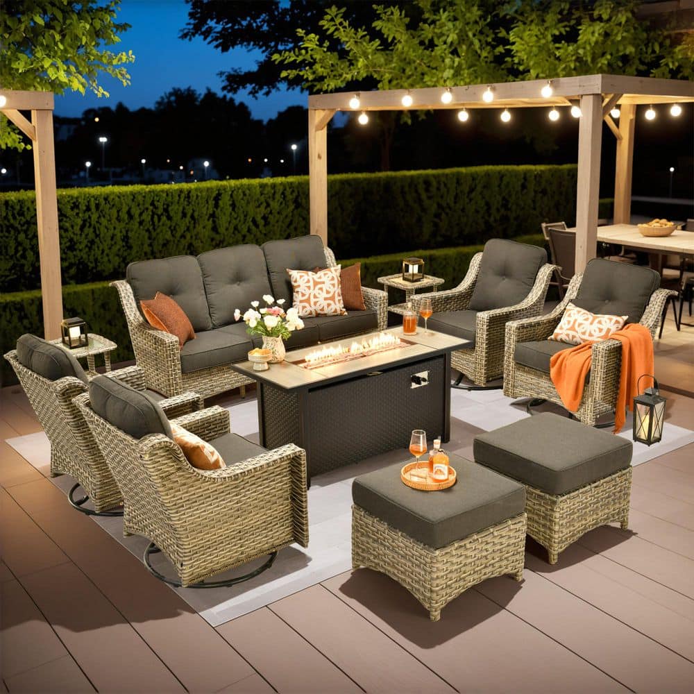 Tulip T 10-Piece Wicker Patio 54 in. Fire Pit Conversation Set with Swivel Rocking Chairs and Black Cushions price history on PriceWatchPro