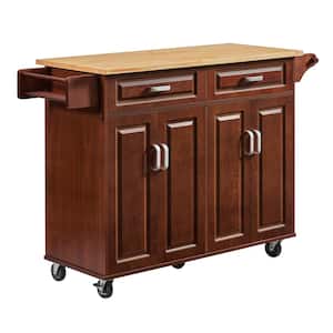 Brown Wood 53.8 in. W Rolling Kitchen Island Cart with Two Drawers and Four Doors