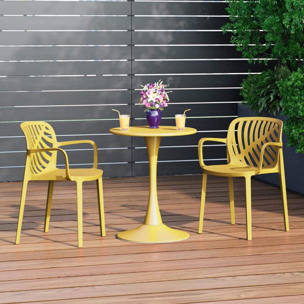 Frond and Form Modern Outdoor Patio Poly Plastic Stacking Dining Armchair (Set of 2) in Yellow