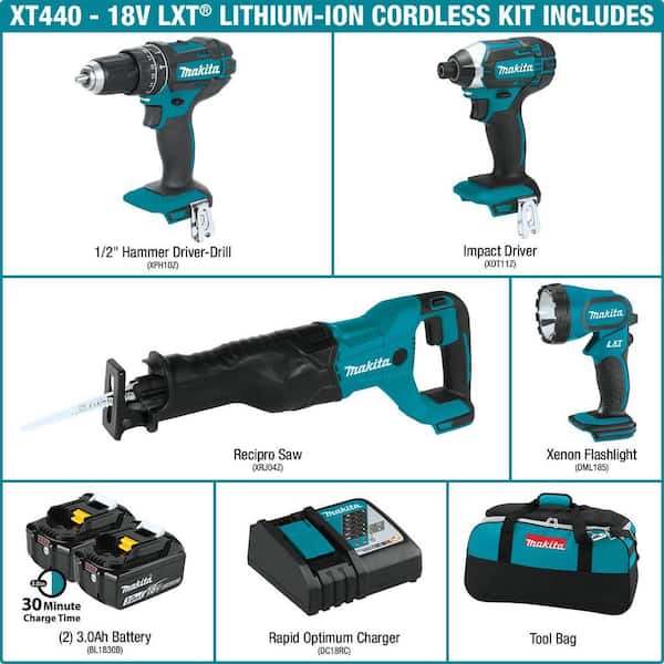 Makita 18V LXT Lithium-Ion Cordless Combo Kit (4-Piece) (Hammer Drill/  Impact Driver/ Recipro Saw/ Flashlight) (3.0 Ah) XT440 - The Home Depot