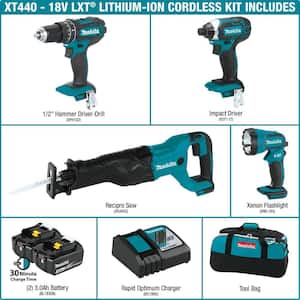18V LXT Lithium-Ion Cordless Combo Kit (4-Piece) (Hammer Drill/ Impact Driver/ Recipro Saw/ Flashlight) (3.0 Ah)