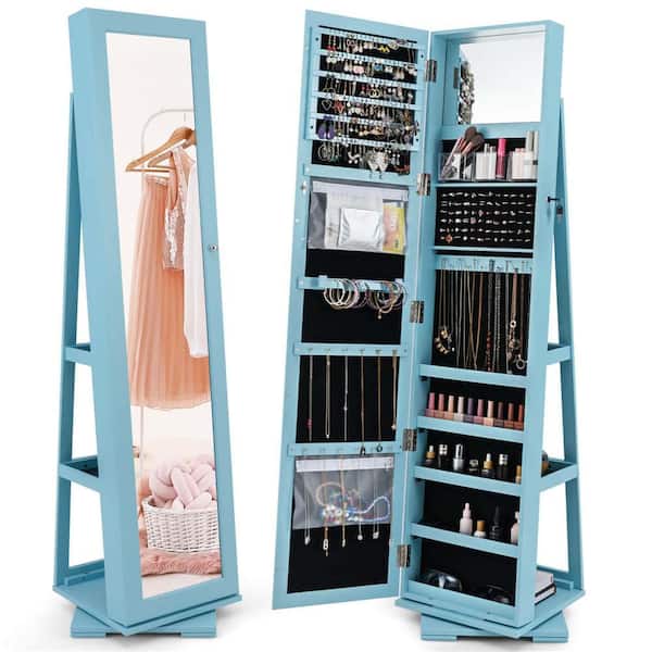 360° Rotatable Jewelry Cabinet Armoire 2-in-1 Lockable Mirrored Blue