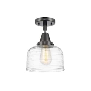 Bell 8 in. 1-Light Matte Black, Clear Deco Swirl Flush Mount with Clear Deco Swirl Glass Shade