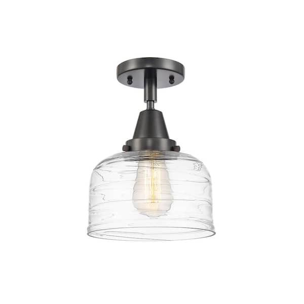 Innovations Bell 8 in. 1-Light Matte Black, Clear Deco Swirl Flush Mount with Clear Deco Swirl Glass Shade