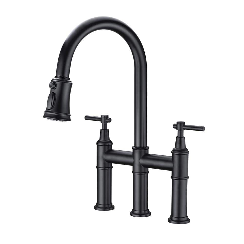 Double Handle Transitional Bridge Kitchen Faucet With Pull-Down ...