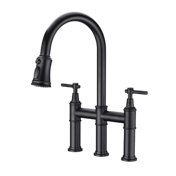 Double Handle Transitional Bridge Kitchen Faucet with Pull-Down ...