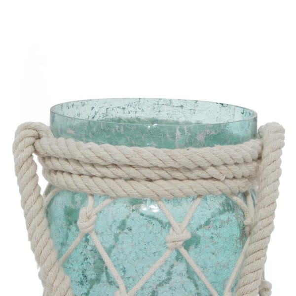 16 in. Blue Glass Decorative Candle Lantern with Rope Handle