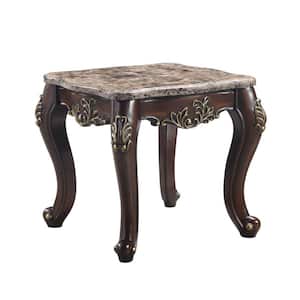 27 in. Cherry Brown and Gold Square Marble End Table with Cabriole Legs