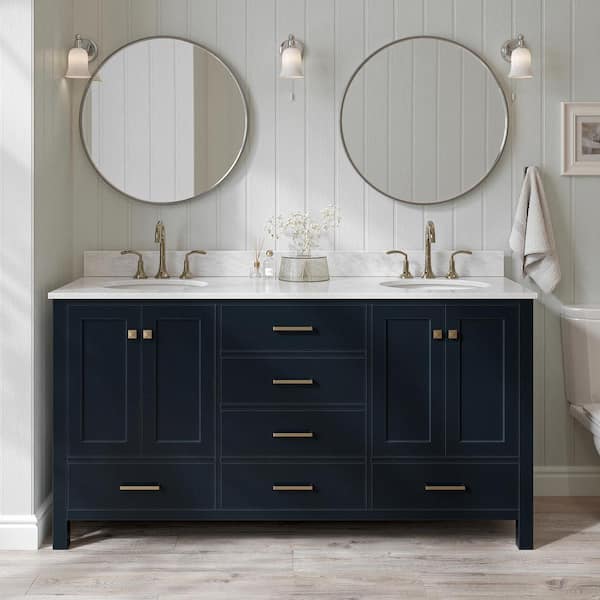 ARIEL Cambridge 67 in.W x 22 in.D x 36 in.H Double Bath Vanity in Midnight Blue with Carrara White Marble Top with White Basin