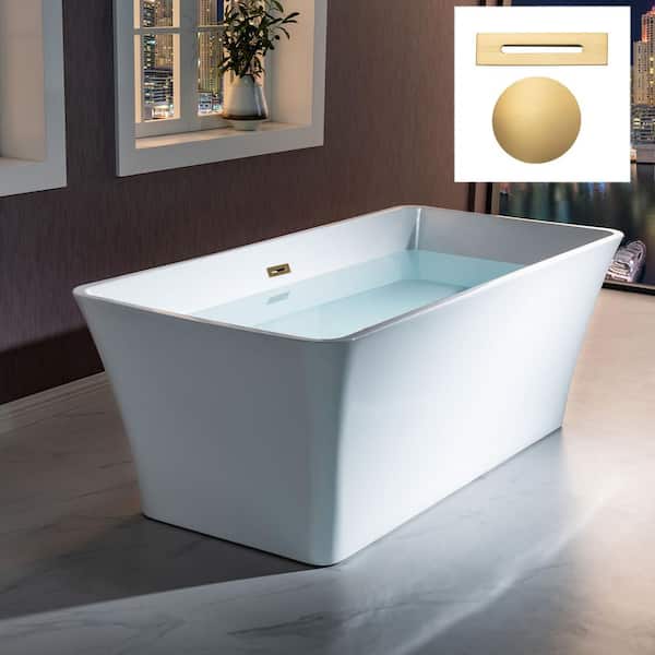 WOODBRIDGE Lulu 67 in. Acrylic FlatBottom Rectange Bathtub with Brushed Gold Overflow and Drain Included in White