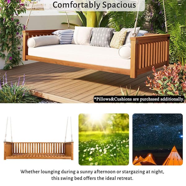 2-Person Teak Acacia Wood Patio Porch Swing, Twin Size Garden