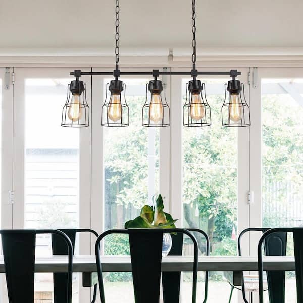 LNC Modern Industrial Black Island Chandelier 5-Light Linear Large Hanging Pendant light with Geometric Metal Cage Shades