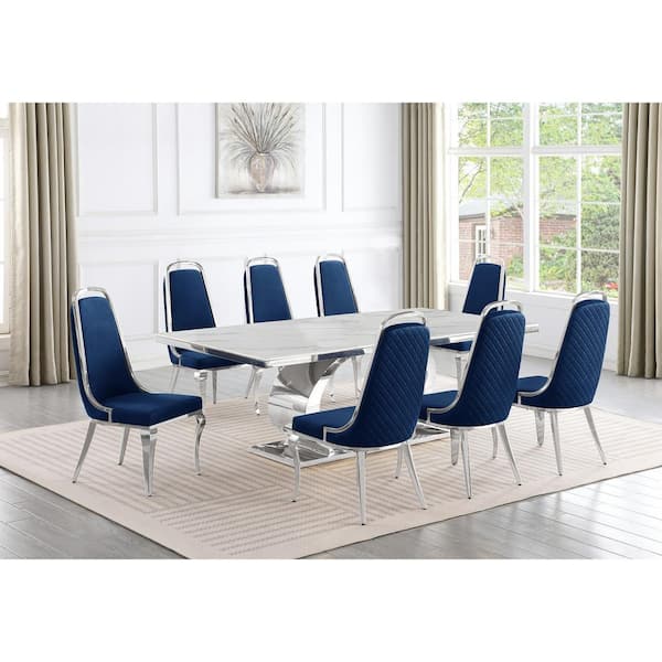 Best Quality Furniture Miguel 9-Piece Rectangle White Wood Top Silver Stainless Steel Dining Set with 8 Navy Blue Velvet Chairs