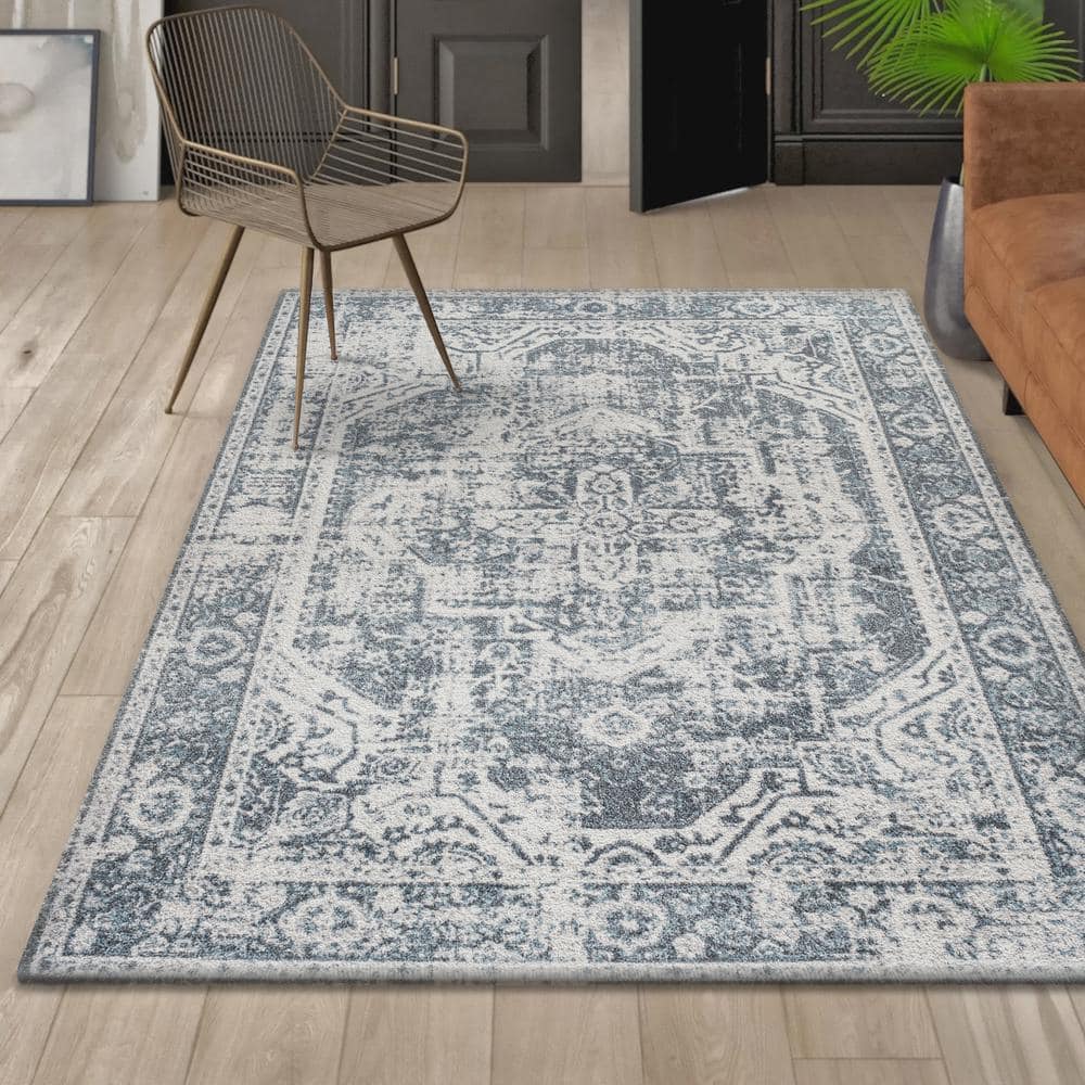 Keesha Blue and Cream Medallion Washable Area Rug 5'3" x 7'7"