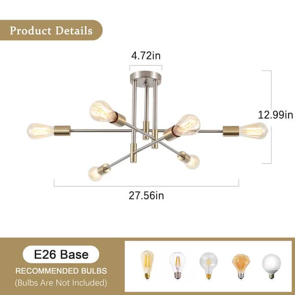 LWYTJO 27.56 in. 6-Light Gold/Nickel Dimmable Sputnik Chandelier