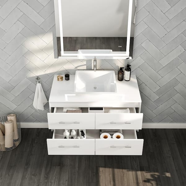 Totti Wave 36 in. W x 21 in. D x 22 in. H Bathroom Vanity in White with White Glassos Top with White Sink
