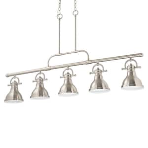 5-Light Integrated LED Indoor Brushed Nickel Linear Kitchen Island Hanging Pendant with Bell-Shaped Bowls
