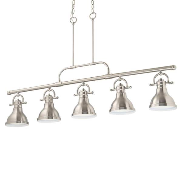 Volume Lighting 5-Light Integrated LED Indoor Brushed Nickel Linear Kitchen Island Hanging Pendant with Bell-Shaped Bowls