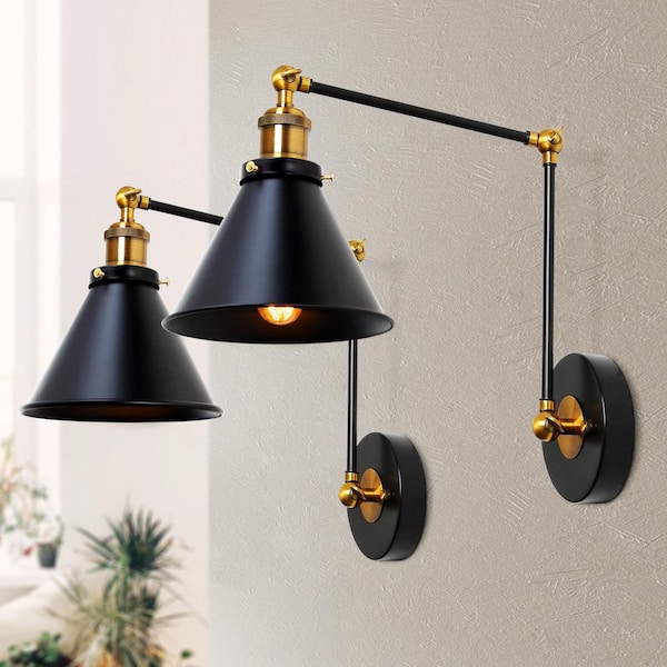 Lnc 1 Light Modern Black And Bronze Wall Lamp Adjustable Plug In Or Hardwire Industrial Sconce With Swing Arms 2 Pack A03469 The Home Depot - Plug In Wall Light Sconces