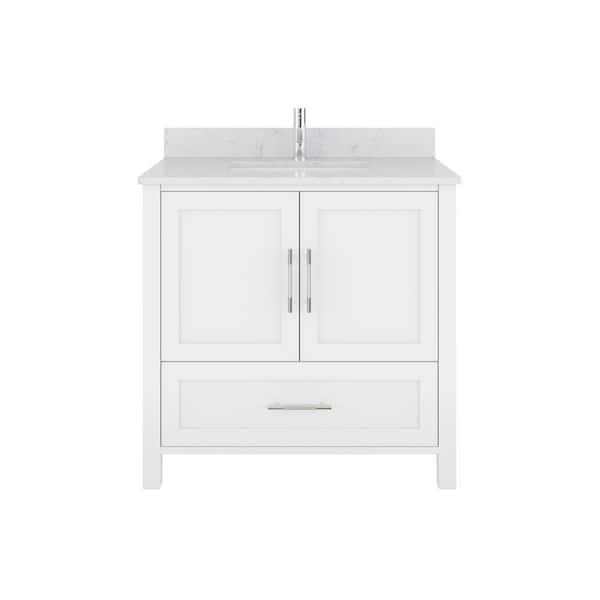 Boulder 36 in. W x 22 in. D Bath Vanity in White with Engineered Stone Top with White Sink and Drawer Organizer