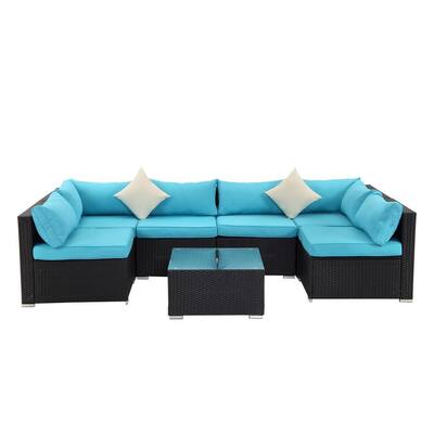 Black 7-Piece Rattan Polyethylene Resin Wicker Patio Conversation Set with Blue Cushions