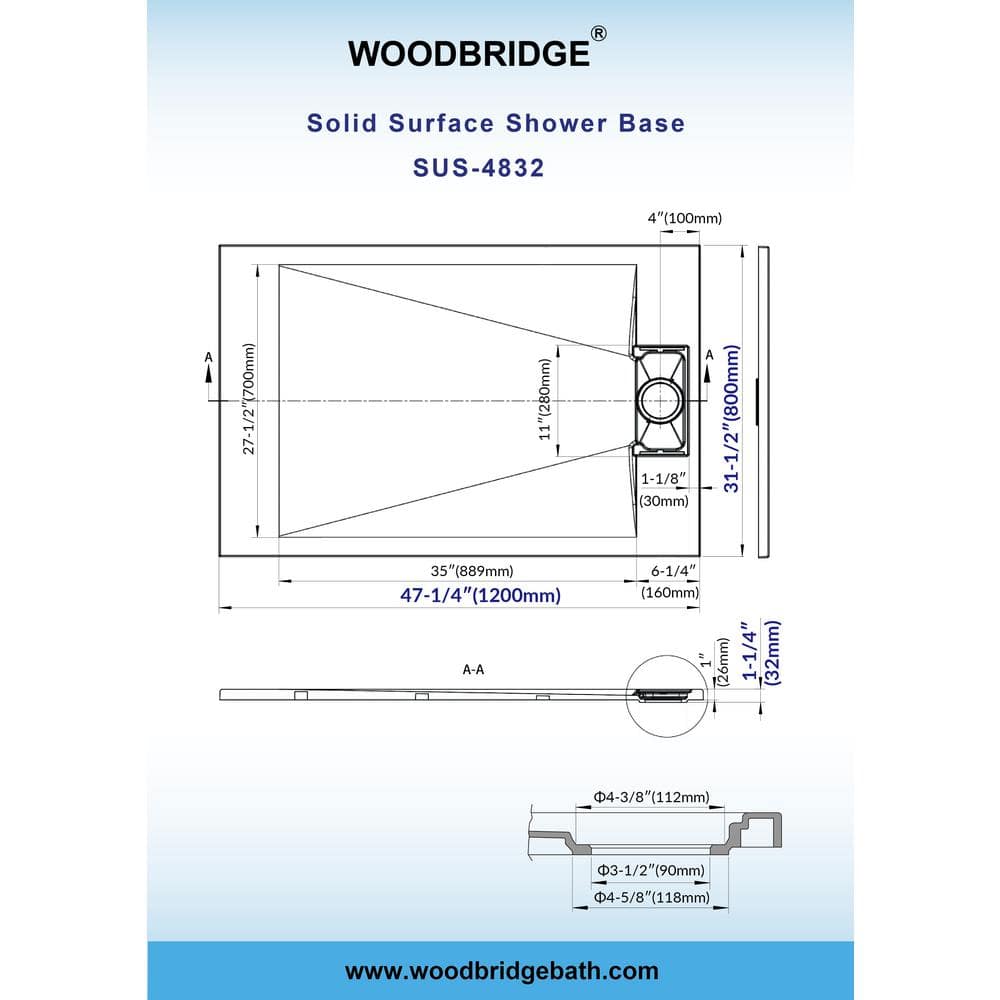 White Solid Surface Low-Profile Curbless Shower Base 48 x 32