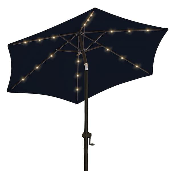 PASAMIC 7.5 ft. Solar LED Lighted Market Patio Umbrella with Crank and Tilt in Navy Blue