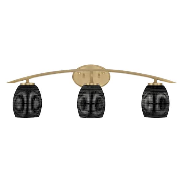 Unbranded Siena 29 in. 3-Light Vanity Light New Age Brass with Black Matrix Glass Shades