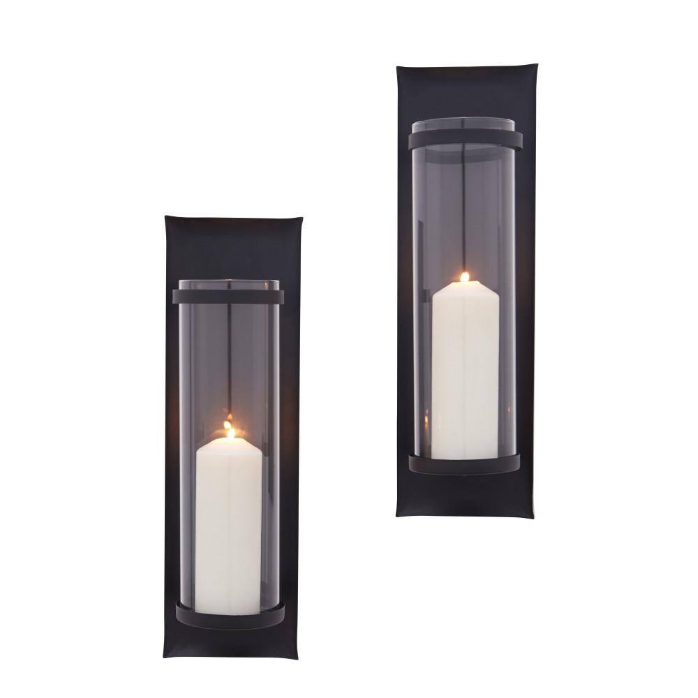 DANYA B Algarve 16 In. Black Pillar Candle Sconces (Set Of 2) SE2203 ...