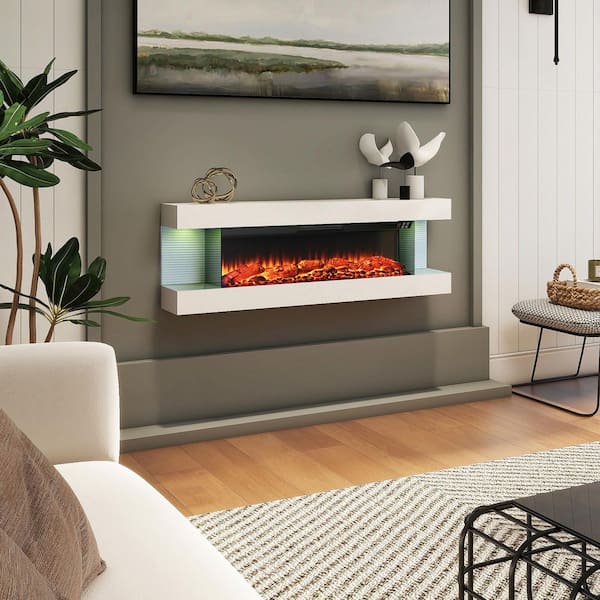 50 in. 3-Sided Wall Mounted Electric Fireplace with Remote Control in White
