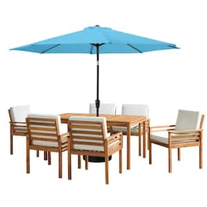 8-Piece Set, Okemo Wood Outdoor Dining Table Set with 6 Cushioned Chairs, 10 ft. Auto Tilt Umbrella Blue