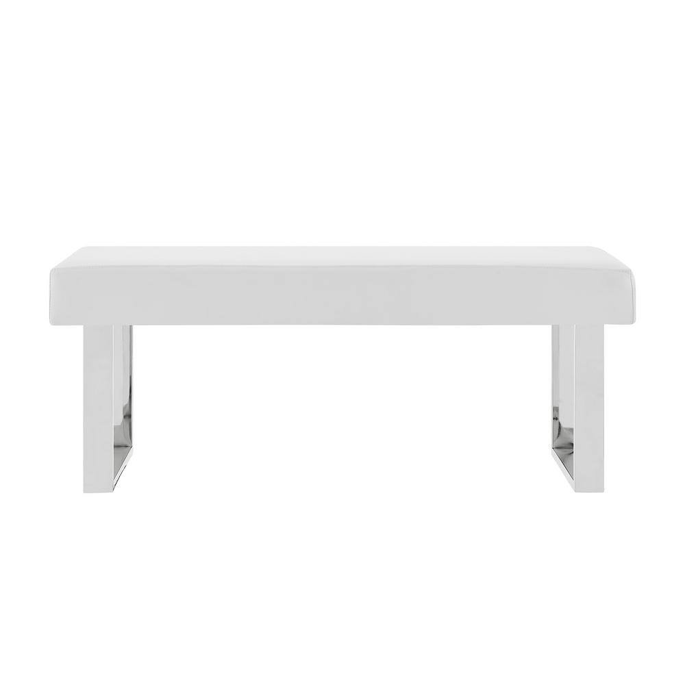 Modern White 48" Faux Leather Bench with Chrome Metal Frame