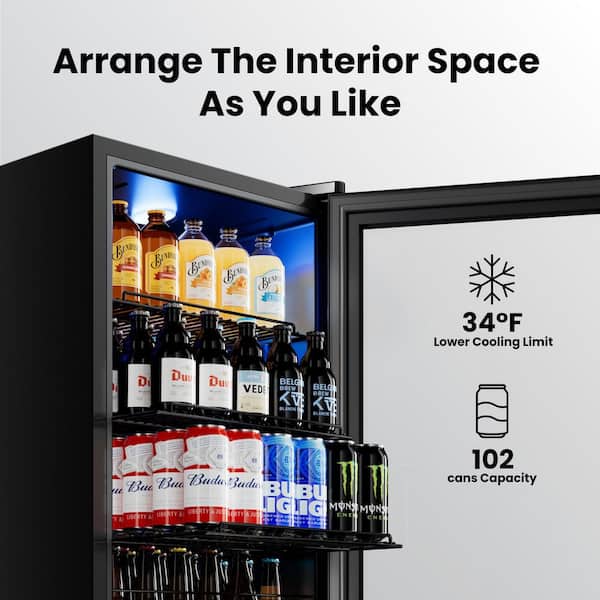 18.8 in. 140-Cans Single Zone Freestanding Beverage Cooler Refrigerator Fridge in Stainless Steel with Recessed Handle