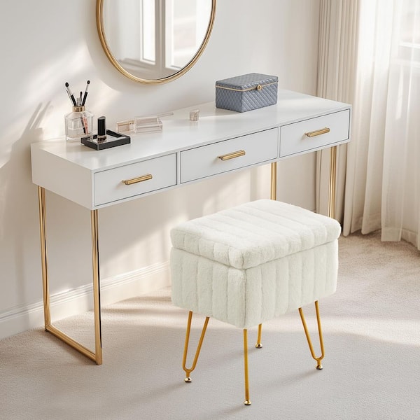 WONDER COMFORT White Faux Fur Soft Padded Rectangular Accent Small Ottoman Vanity Stool Chair with Storage and 4 Metal Legs
