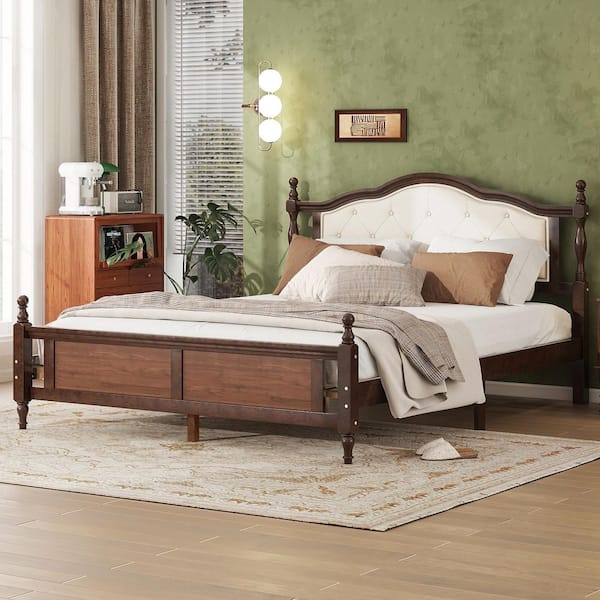 Walnut Brown Wood Frame Queen Size Platform Bed with Upholstered Headboard and Panel Footboard, 2 Bed Rail Support Feet