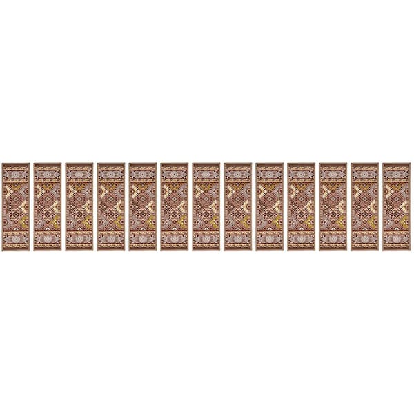 Indoor Bakhtiari Design Taupe 8-1/2 in. x 26 in. Slip Resistant Backing Stair Tread Cover (Set of 13)