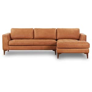 Calle 114 in. Square Arm L-Shape Leather Right-Facing Sectional in Brown Cognac Tan and Wood Legs