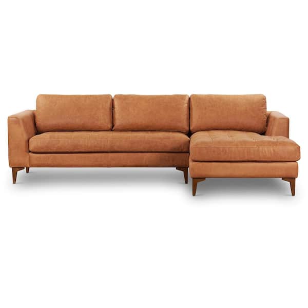 Poly and Bark Calle 114 in. Square Arm L-Shape Leather Right-Facing Sectional in Brown Cognac Tan and Wood Legs