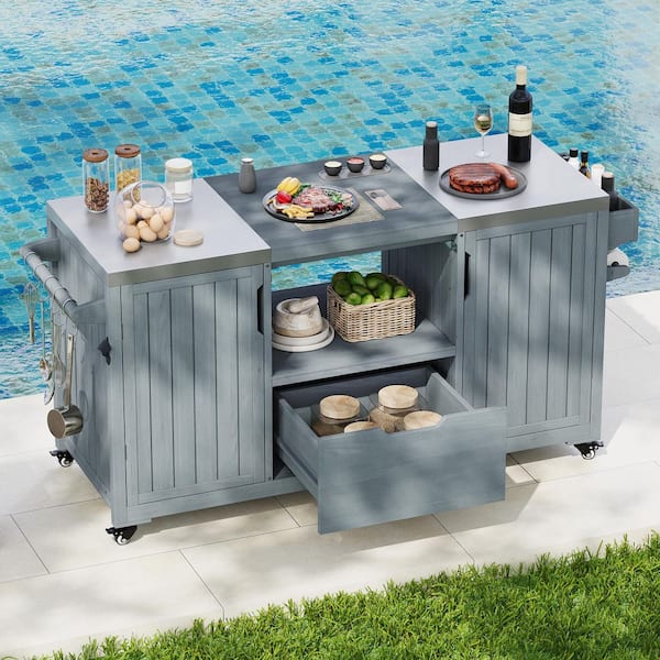 66.5 in. W x 23 in. D x 34.3 in. H Grey Blue Solid Wood Stainless Steel Outdoor Storage Cabinet with Stainless Steel Top