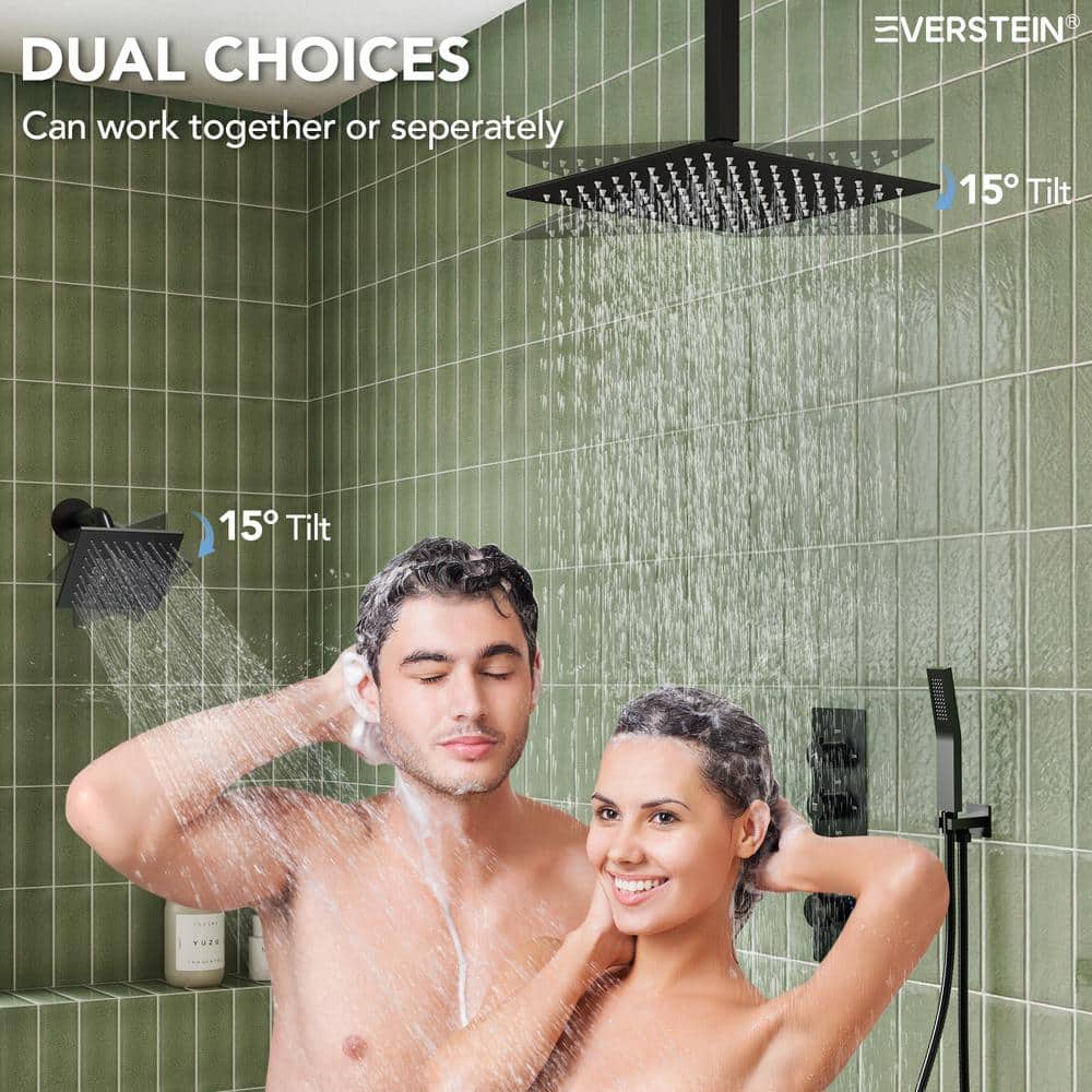 Matte Black Stainless Steel Dual Shower Head System with Thermostatic Valve