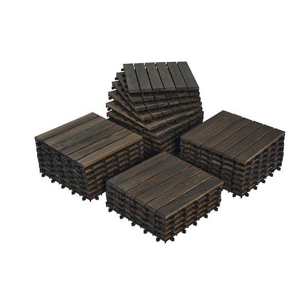 1 ft. x 1 ft. Dark Brown Acacia Wood Interlocking Deck Tiles Striped Pattern, Outdoor Flooring for Patio (30-Pcs)