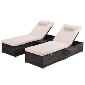 Brown 2-Piece PE Wicker Outdoor Chaise Lounge Chairs with Reclining Backrest and Beige Cushions