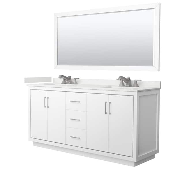 Wyndham Collection Icon 72 in. W x 22 in. D x 35 in. H Double Bath Vanity in White with White Quartz Top and 70 in. Mirror