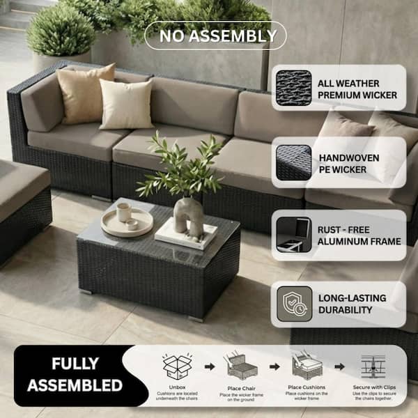 Ohana Depot Ohana Black 7-Piece Wicker Patio Seating Set with