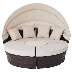 5-Piece Wicker Outdoor Day Bed Sunbed with Retractable Canopy with Beige Cushions