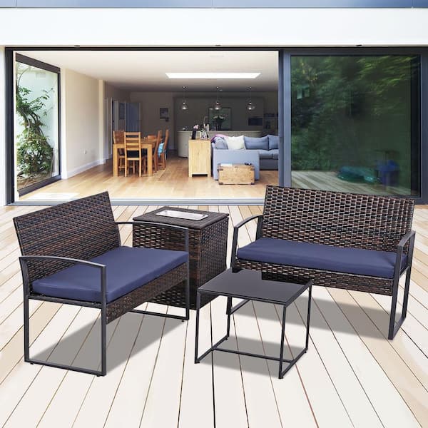 Unbranded Modern 4-Piece Brown Wicker Outdoor Patio Conversation Set with Blue Cushions and Storage Bin for Chilling Drinks