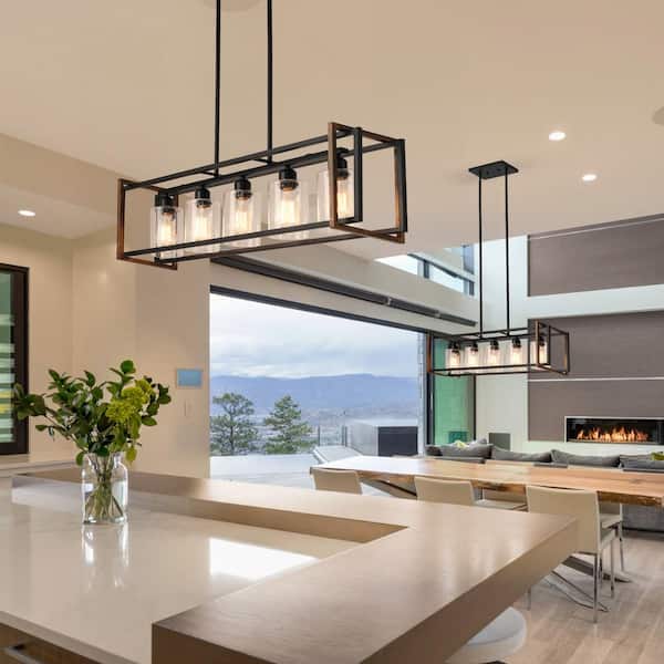 5-Light Kitchen Island Lighting Farmhouse Rustic Linear Chandelier Pendant Light Fixture for Dining Room in Wood Grain