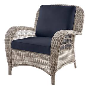 Beacon Park Gray Wicker Outdoor Patio Stationary Lounge Chair with CushionGuard Midnight Navy Cushions