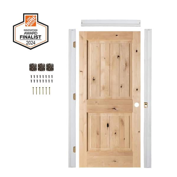 DIY 24 in. x 80 in. Knotty Alder Left-Hand Sq. Top VG Unfinished Wood Single Interior Door Kit w/ Quick Assemble Jamb